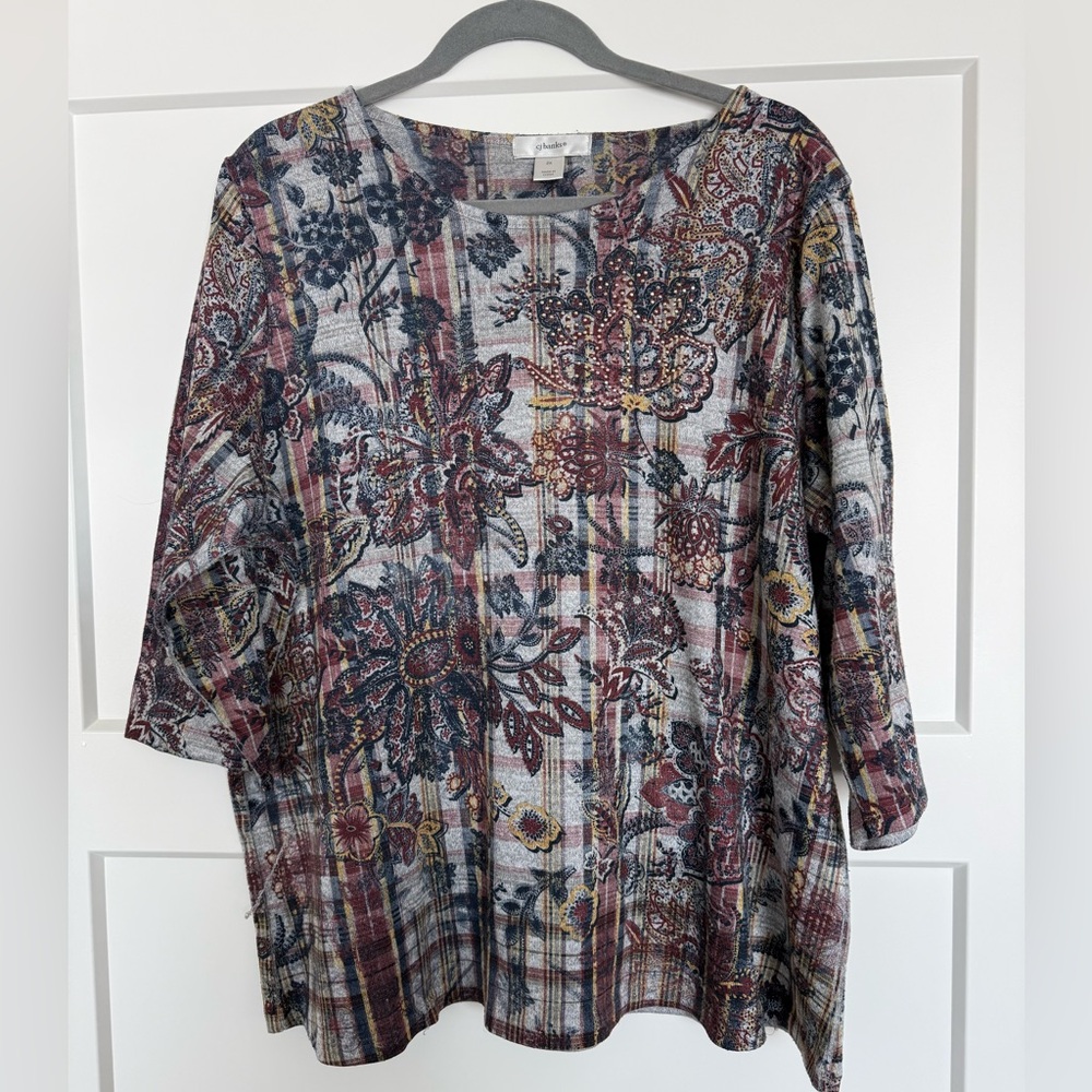 CJ Banks Multicolor Floral Plaid Blouse